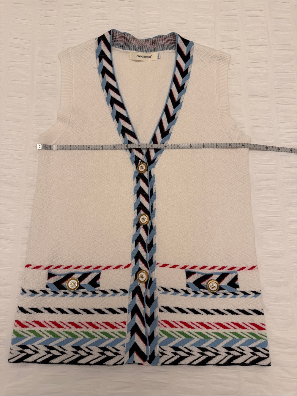 CHINSTUDIO Button Front Knit Vest Chevron Stripe Trim Preppy Nautical Nordic - Picture 14 of 17